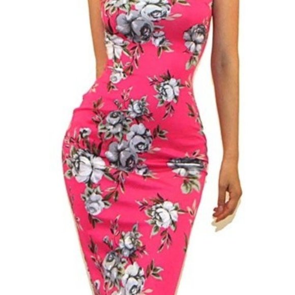 Got Style Delores Hot Pink Gray Floral Sleeveless Bodycon Party Cocktail Dress - Picture 3 of 3